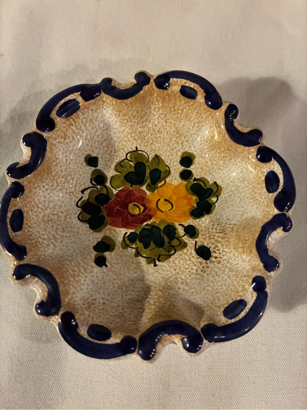 Italian Hand Painted Ceramic Trinket Dish Blue Yellow Green Navy Red Flowers